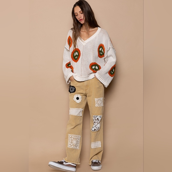 POL V Neck Long Sleeve Peace Pattern Sweater - Picture 5 of 5